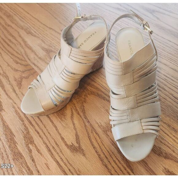 Franco Sarto Leather nude cork wedge high heel sandals - Picture 4 of 13